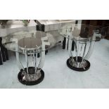 LOW TABLES, a pair, chrome and black lacquer, with circular bevelled glass tops, 58cm H x 66cm D.