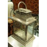 STORM LANTERN, of cuboid form in a plated metal frame, 52cm H.