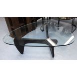 NOGUCHI STYLE LOW TABLE, with glass top on an ebonised wooden base, 126cm x 94cm x 39cm H.