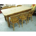 DINING TABLE, in pine on turned supports, 184cm x 91cm x 78cm H with six matching chairs.