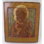 ICON, depicting Mother of God with infant Christ, painted on wooden panel, 31cm H x 27.5cm W.