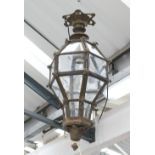 LANTERN, antique effect with bevelled glass in a bronzed effect frame, 75cm H plus chain.
