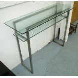 CONSOLE TABLE, contemporary, with glass top and glass under shelf on a square metal frame,
