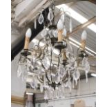 CHANDELIER, five branch in a metal frame with glass drops, 60cm plus chain.