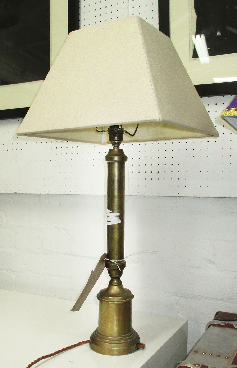 TABLE LAMP, column type in brass with shade, 66cm H.