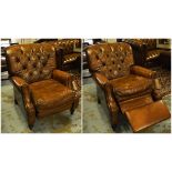 CLUB ARMCHAIR, vintage club style buttoned tan leather with reclining back and rising foot support,