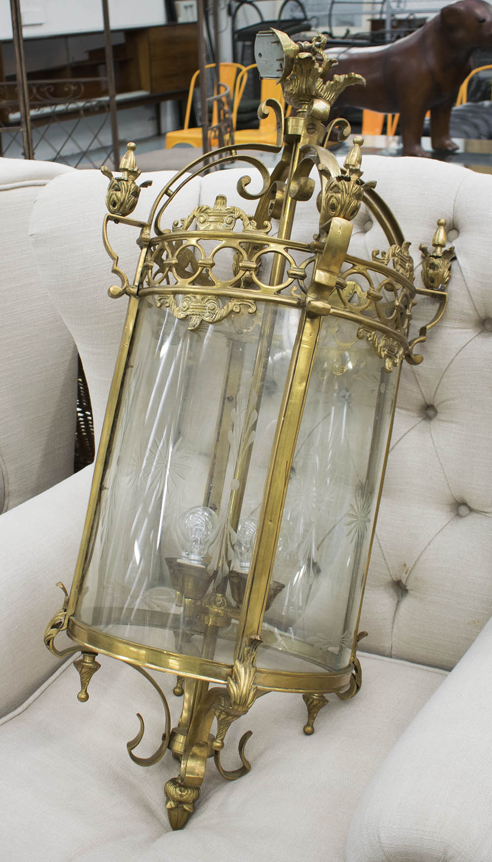 HALL LANTERN, of substantial proportions, with curved etched glass panels, 93cm H x 45cm.