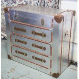 CHEST, Aviator design, aluminium clad with three drawers below a lift up top with leather handles,