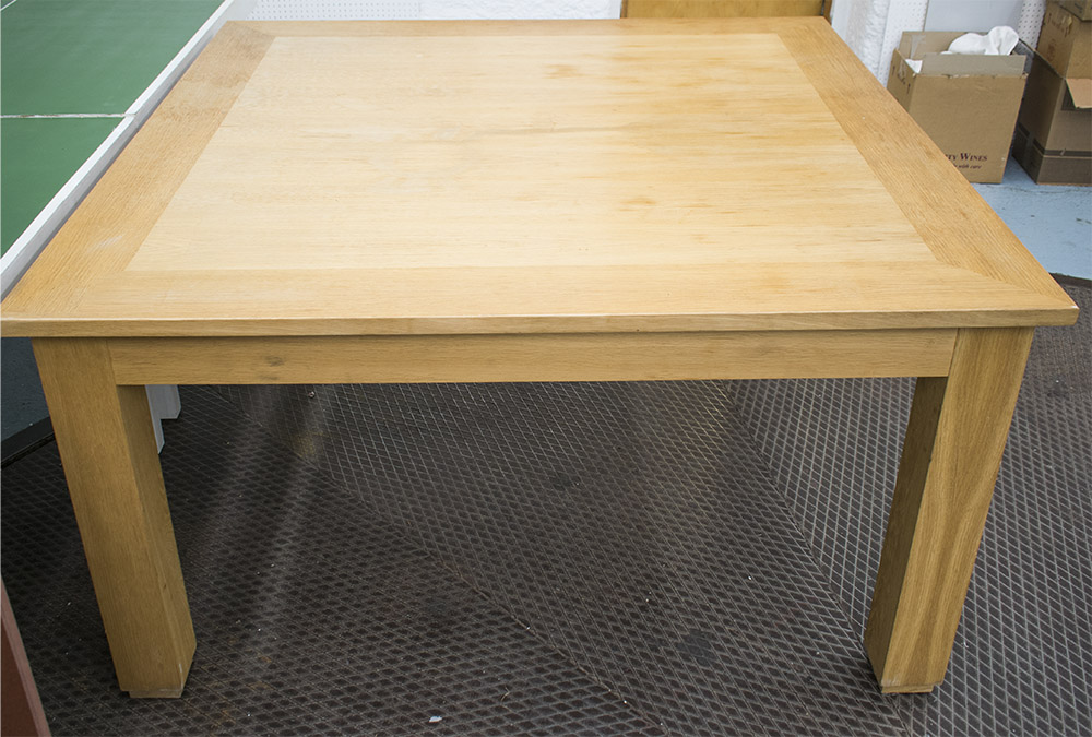 DINING TABLE, of square form on square supports, 150cm x 150cm x 79cm H.