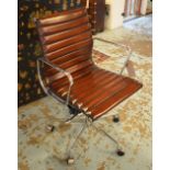 REVOLVING DESK CHAIR, Charles Eames inspired ribbed brown leather,