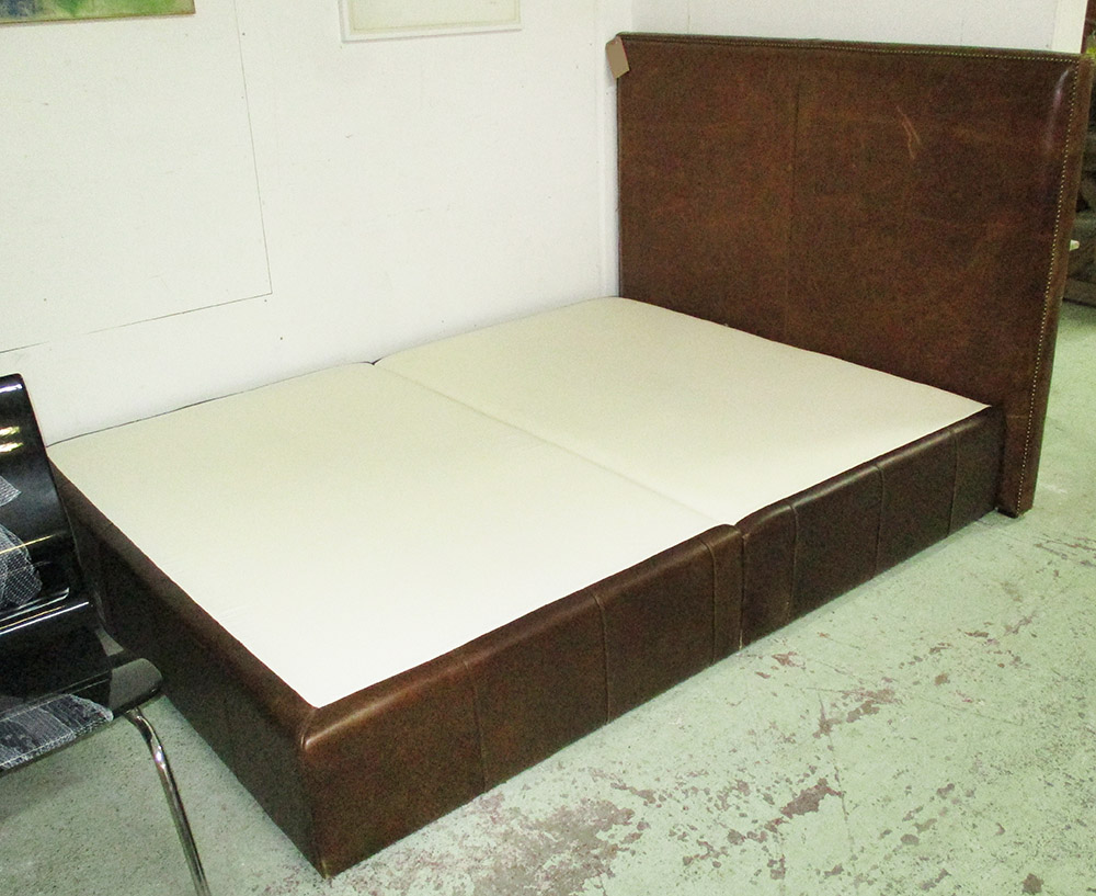 BED BASE, with headboard, brown leather, 161cm W.