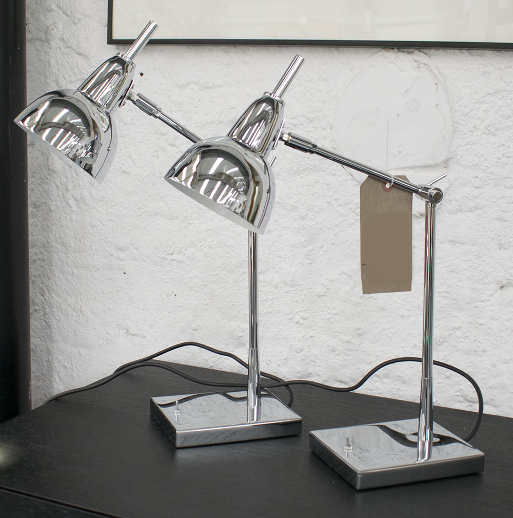 DESK LAMPS, a pair, in chromed metal, 39cm H.