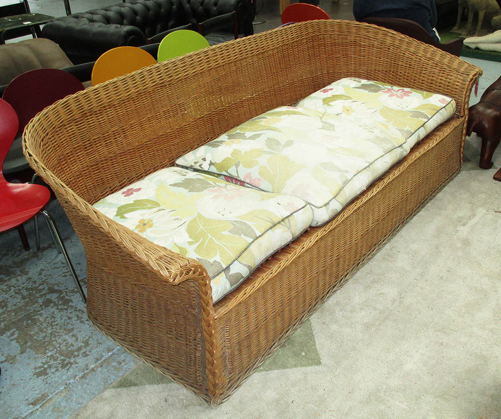 CONSERVATORY SOFA, three seater, in basket weave with cushions, 237cm L.