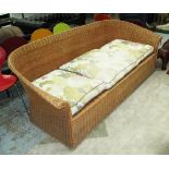 CONSERVATORY SOFA, three seater, in basket weave with cushions, 237cm L.