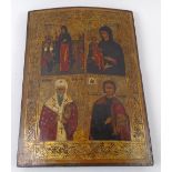 RUSSIAN ICON, depicting saintly figures and allegorical scenes in four sections,