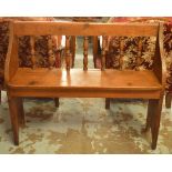 HALL BENCH, 19th century French pitch pine, with rail back and shaped ends, 96cm W.