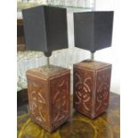 TABLE LAMPS, a pair, embossed Moroccan leather bases with charcoal black square shades, 49cm H.