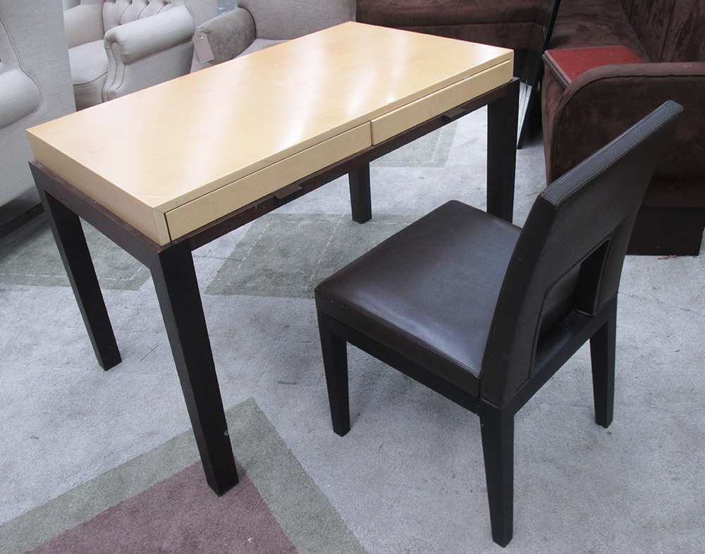 DESK ART DECO STYLE, satinwood finish two drawers below on square supports,