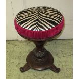 PIANO STOOL, mid Victorian rosewood with circular faux rosewood with circular faux zebra skin seat,