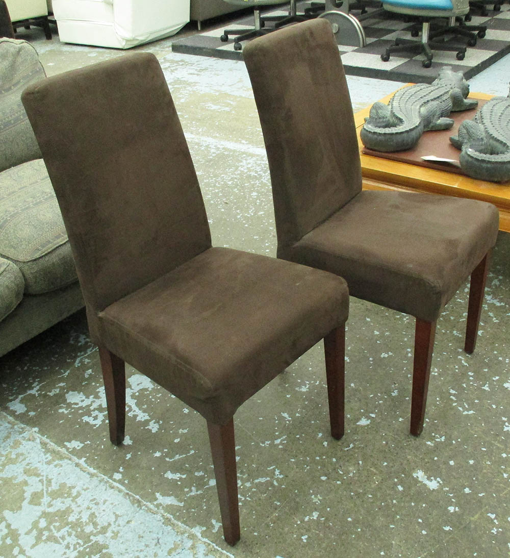 DINING CHAIRS, a set of eight, in an Umber alcantara on square supports, 45cm W.