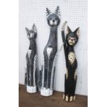 WOODEN CATS, a set of three, retro art designs carved solid wood painted finish, tallest 98cm H.