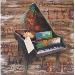 21ST CENTURY DECORATIVE PANEL METAL SCULPTURE, of a piano on wooden frame, 80cm x 80cm.