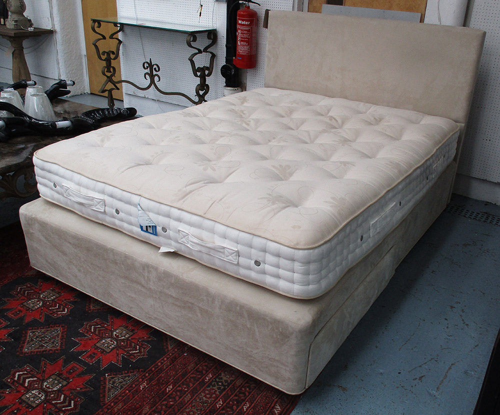 DOUBLE DIVAN BED, 5'0' headboard and base in alacantra finish, drawers below with Vispring mattress.