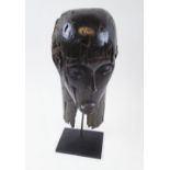 OLD FANG HEAD CARVING, West African carved wood, 37cm H plus display stand.