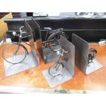 BICYCLE BOOKENDS, two matching pairs metal art work with moving parts, largest 27cm H,