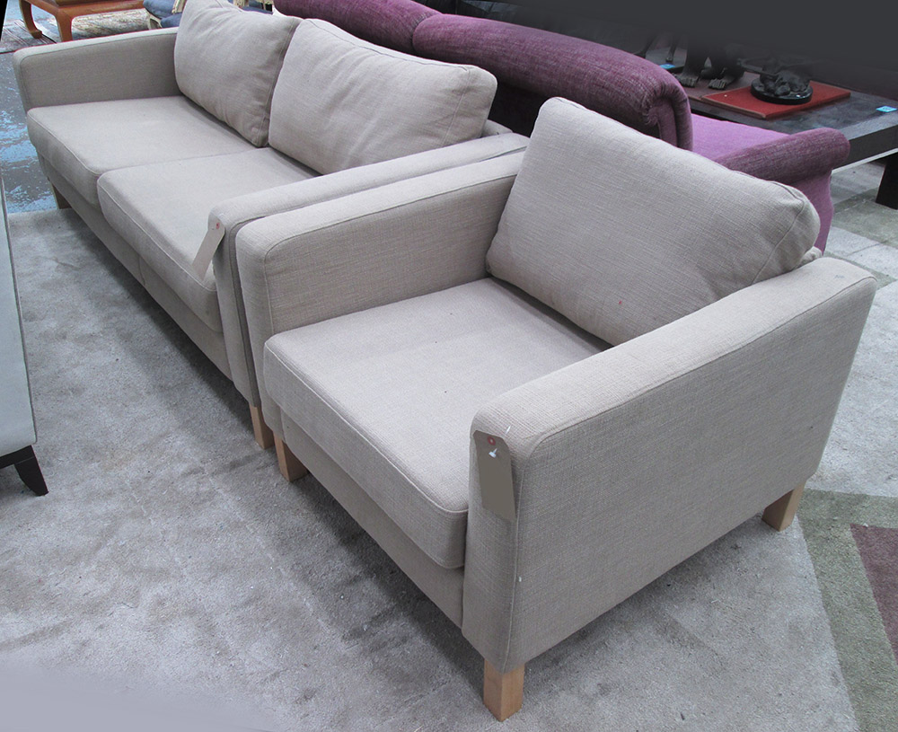 SOFA, two seater, in a beige fabric on square supports, 206cm L plus a matching armchair, 91cm W.