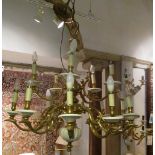 HANGING LIGHT, Dutch style fifteen branch brass and white ceramic,