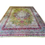 VERY FINE ANTIQUE KERMAN LAVER CARPET, 377cm x 270cm, central medallion on a palmette,