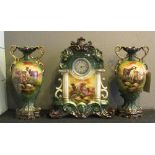 CERAMIC CASED MANTEL CLOCK, Edwardian decorated highland cattle scenes,