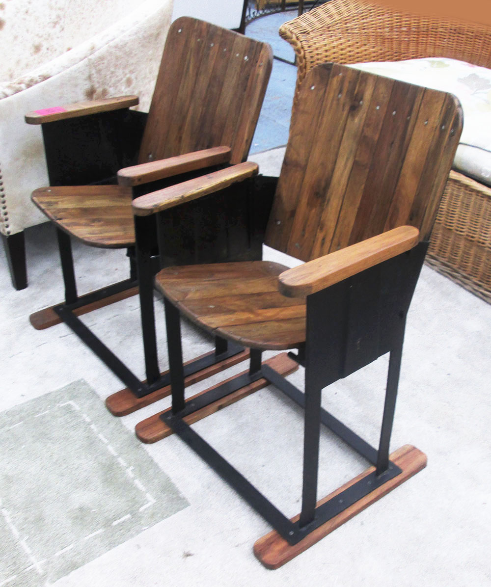 CINEMA SEATS, a pair, vintage style in wood on a metal frame, 51cm H.