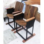 CINEMA SEATS, a pair, vintage style in wood on a metal frame, 51cm H.