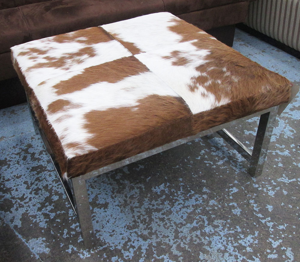 LOW TABLE, in quartered cowhide on chromed metal frame, 80cm x 80cm x 47cm.