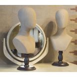 MANNEQUIN HEADS, a pair, linen covered on stands, 67cm H.