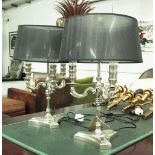 TABLE LAMPS, a pair, with black shades and three branch metal supports, each 55cm H.