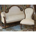 SOFA, Victorian walnut in patterned cream fabric 163cm W (with faults) and a matching nursing chair.