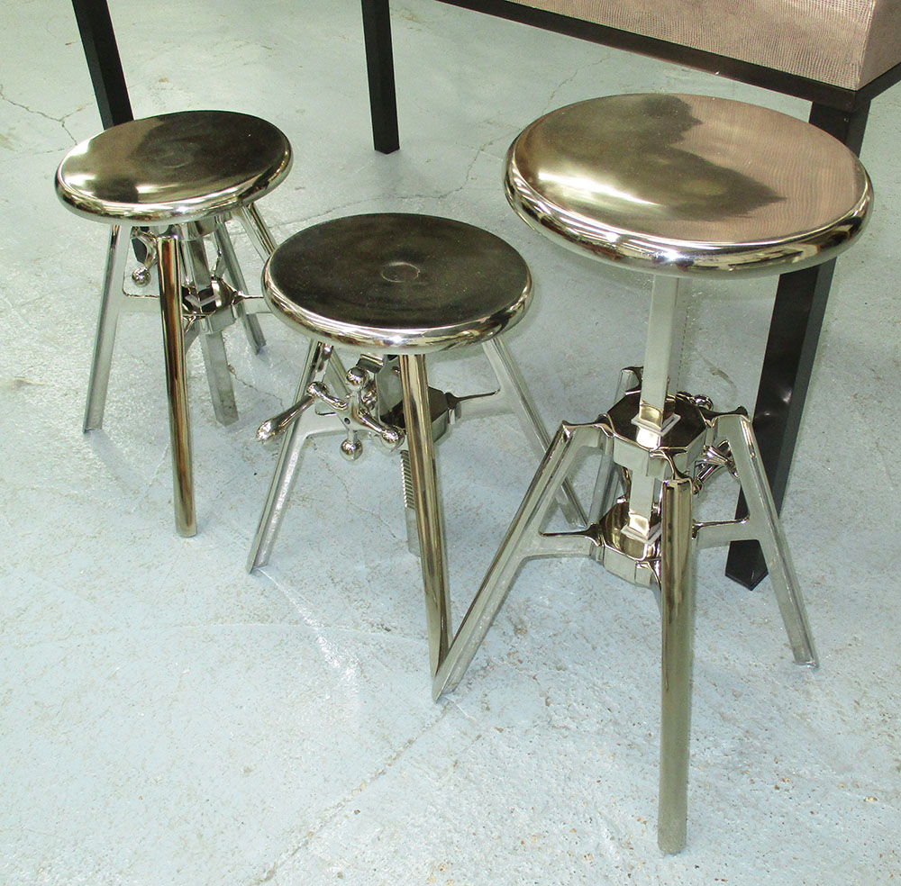 STOOLS, three, adjustable metal, each 30cm W.