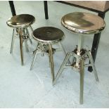 STOOLS, three, adjustable metal, each 30cm W.