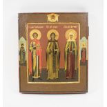 ICON, painted on wooden panel, portraying central saintly figures, flanked by two others in margins,