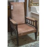 RECLINING ARMCHAIR, Edwardian mahogany in red patterned fabric, 68cm W.