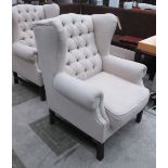 WINGBACK ARMCHAIRS, a pair, button back in neutral fabric on square supports, 85cm W.