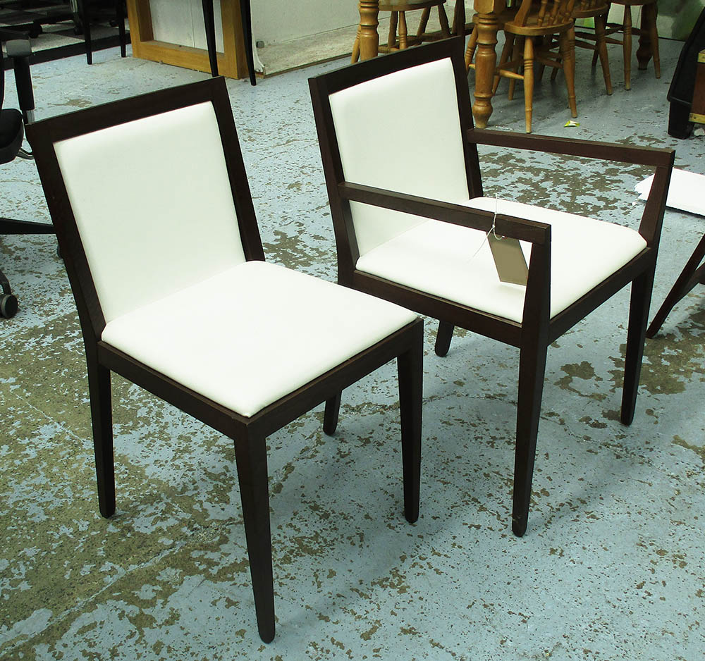 DINING CHAIRS, a set of eight, including two carvers, white with wooden frames,