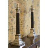 LAMPS, a pair, silvered with Corinthian capped marble columns and stepped bases, 60cm H.
