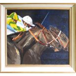 C. EUDELINE, 'Finish line', oil on canvas, signed lower left, 60cm x 74cm, framed.