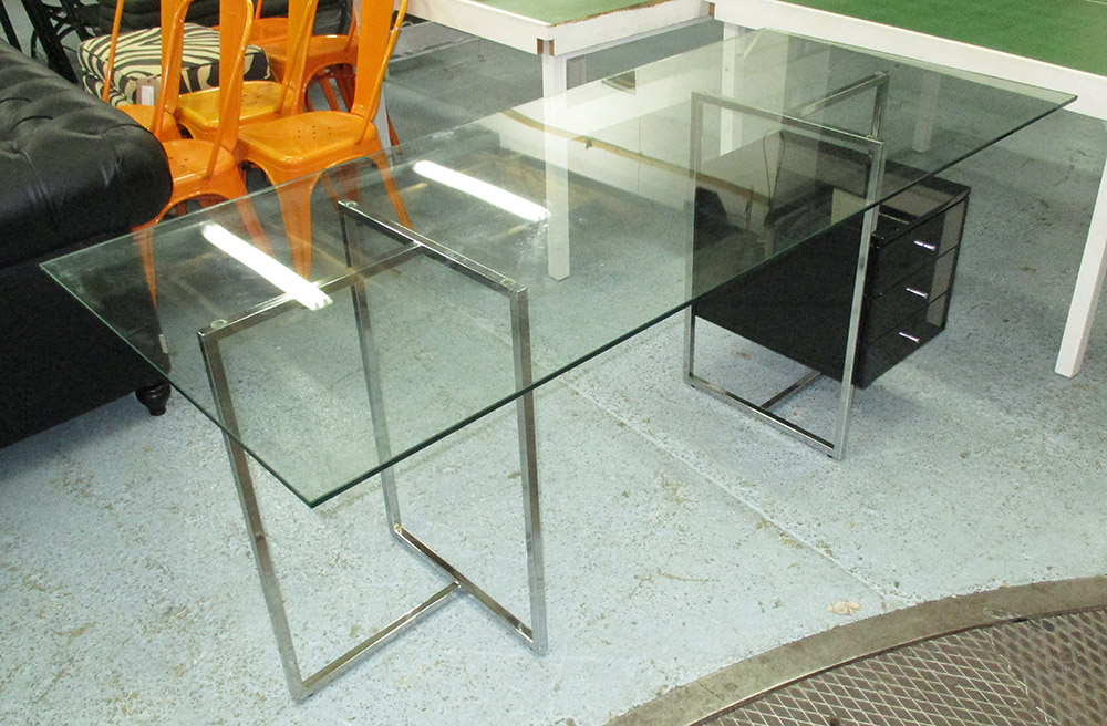 GLASS TOPPED DESK, with metal supports and three high gloss drawers, 80cm x 78cm H x 180cm.