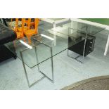 GLASS TOPPED DESK, with metal supports and three high gloss drawers, 80cm x 78cm H x 180cm.