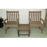 LISTER GARDEN ARMCHAIRS, a pair, weathered teak of slatted construction together with a low table,